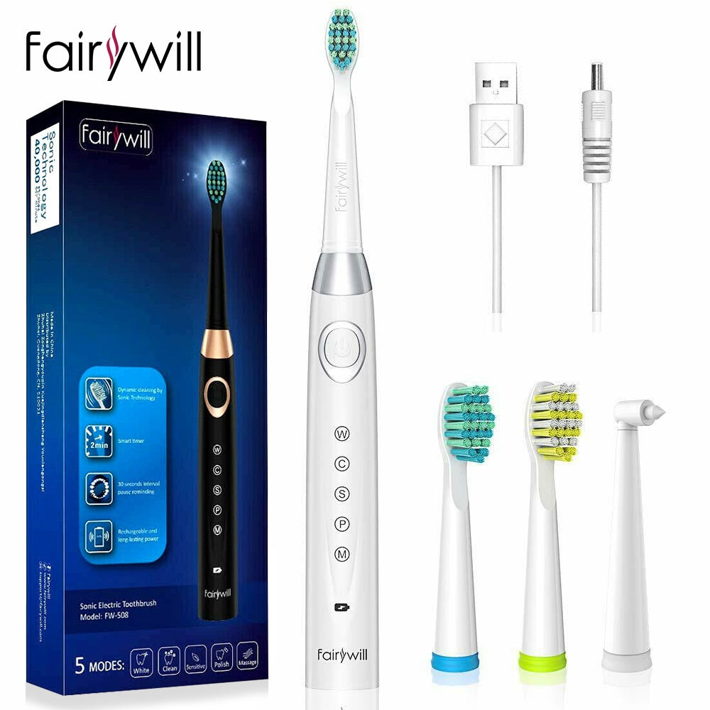 Fairywill FW-508 Sonic Electric Toothbrush Rechargeable Timer Brush 5 Modes Fast Charge Tooth Brush 8 Brush Heads for Adults