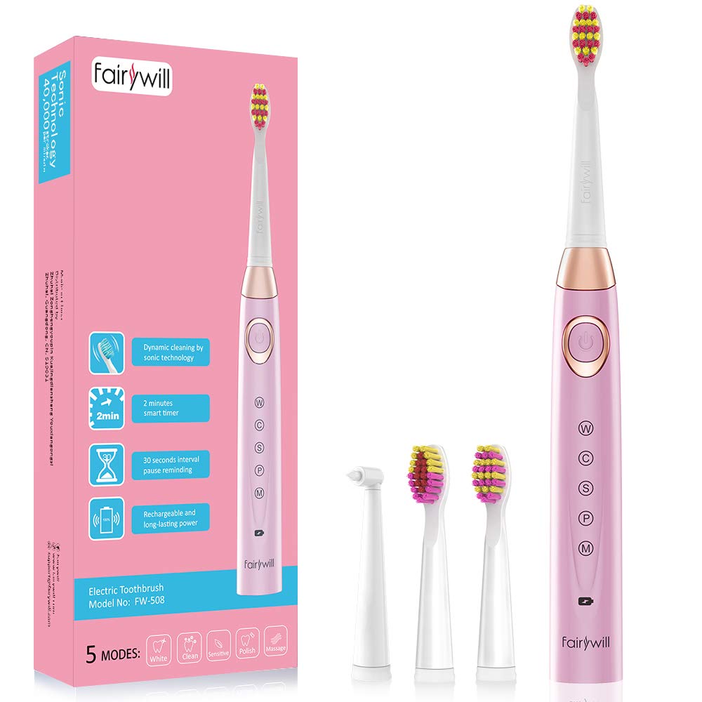 Fairywill FW-508 Sonic Electric Toothbrush Rechargeable Timer Brush 5 Modes Fast Charge Tooth Brush 8 Brush Heads for Adults