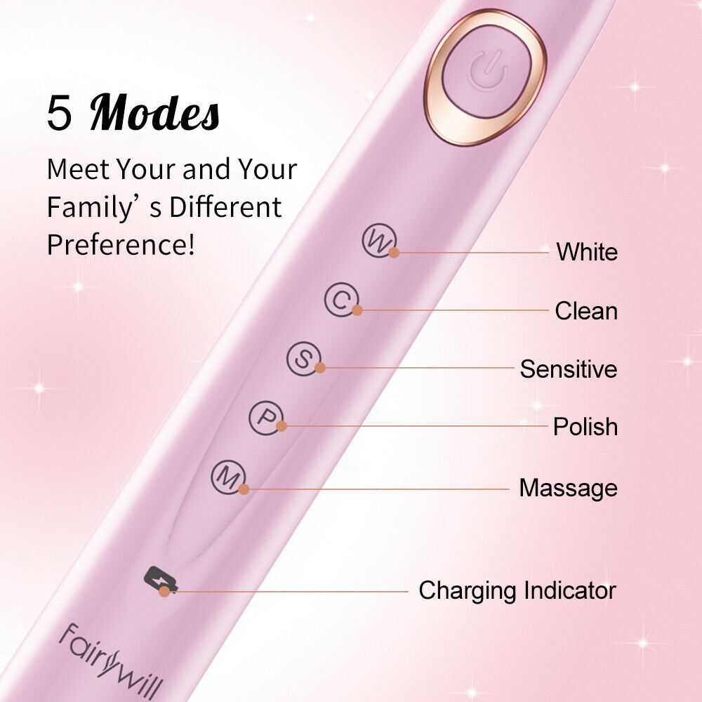 Fairywill FW-508 Sonic Electric Toothbrush Rechargeable Timer Brush 5 Modes Fast Charge Tooth Brush 8 Brush Heads for Adults